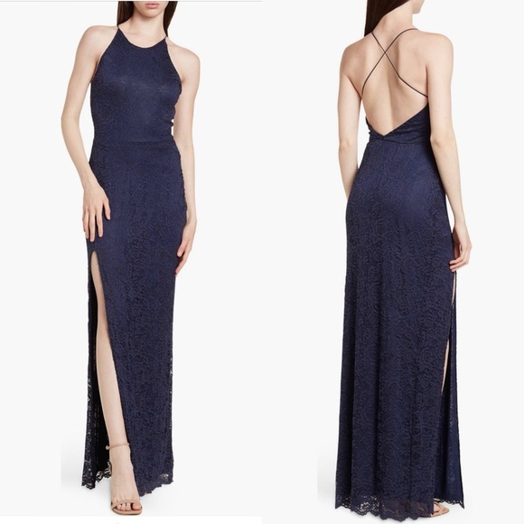 Love By Design Vesta Stretch Lace Maxi Dress Long Cross Back Slit Blue Size L - Picture 1 of 10